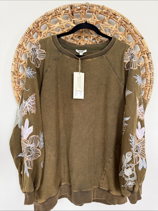 Bluevelvet Tops - Blue Velvet Brand Mineral Washed Olive Embroidered Floral Sleeve Sweatshirt